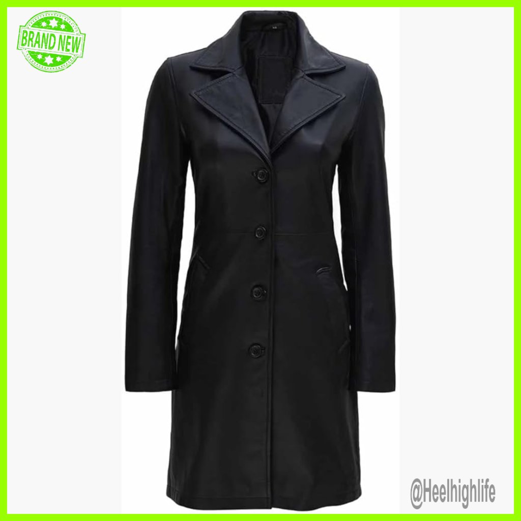 Leather Trench Coat 3/4 Length Button Front Winter Outerwear Women's